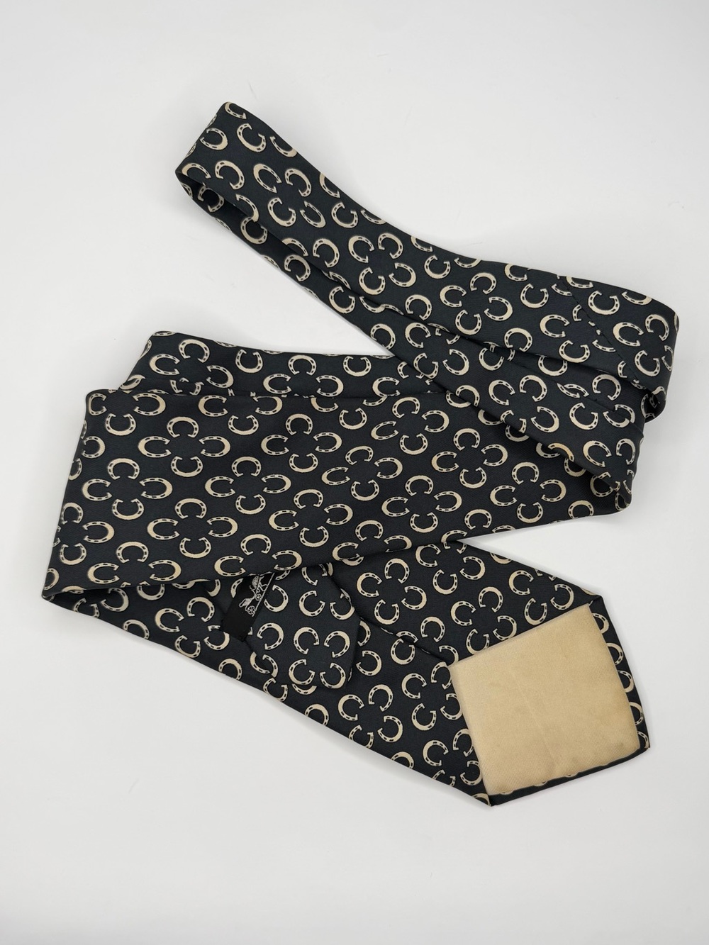 Hermès Paris Men’s Deep Charcoal Gray Horseshoe 100% Silk Tie France Vintage - Picture 11 of 16
